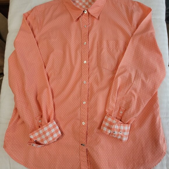 Polka Dot Long Sleeve Shirt Orange Peach Colored Blouse Size L - Picture 3 of 16